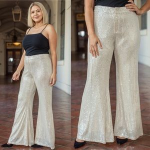 Time’s Square Champagne Sequin Plus Size Flare Pants